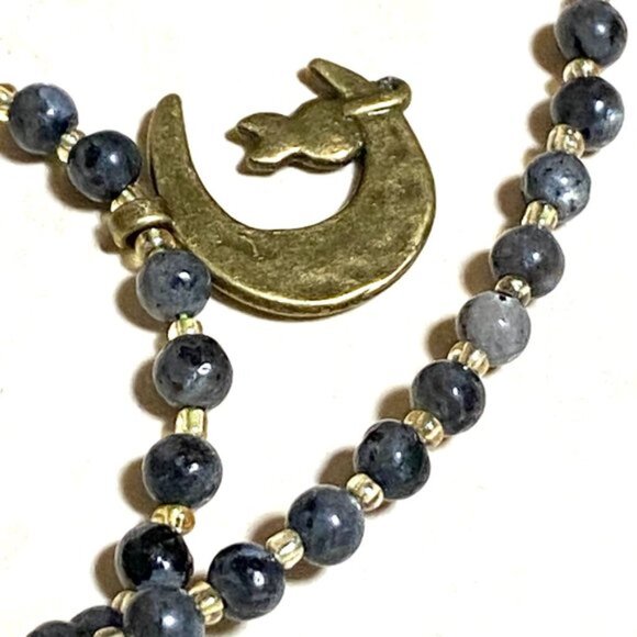 Larvikite Bronze Cat on the Moon Necklace, Genuine Gemstone Beaded Necklace - Picture 8 of 10